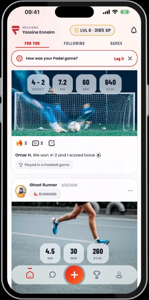 The Fouz feed, headed by a prompt asking how your padel game went with a Log it button, above a logged football match — a 4-2 result over 7.2 kilometres and 60 minutes burning 640 calories — with reactions and a comment from another athlete.