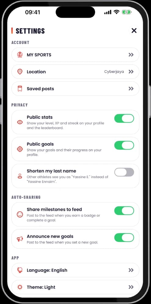 Fouz privacy settings with toggles for public stats, public goals, shortening your last name, sharing milestones to the feed, and announcing new goals.