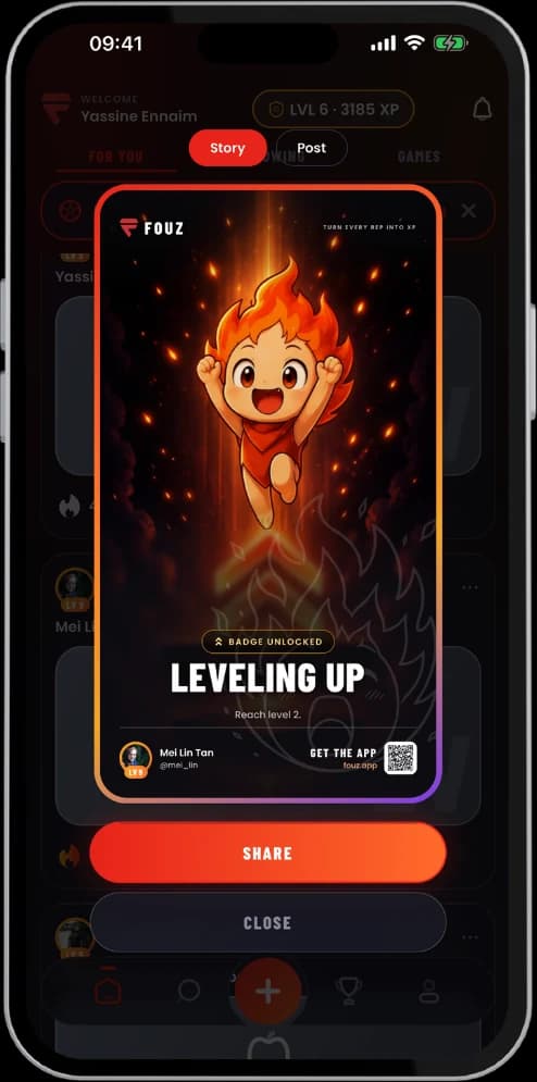 A Fouz share card announcing a badge unlock, Leveling Up, with the Fouzi mascot illustrated in flame over a dark background, the athlete's name and a scannable code linking to the app.